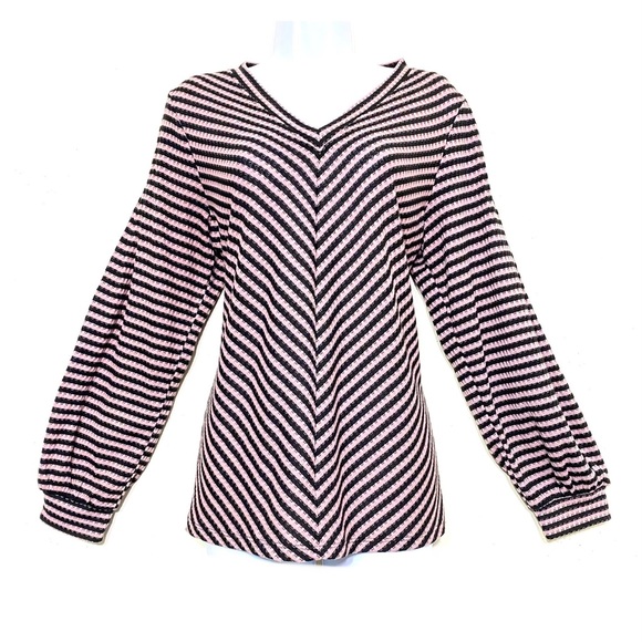 Workshop Republic sweater PINK & BLACK v-neck striped long bishop sleeve size L - Picture 9 of 9